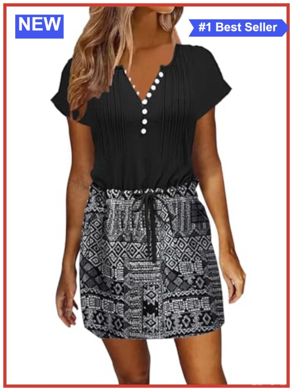 Drawstring Waist Short Sleeve Swing Dress with Pockets